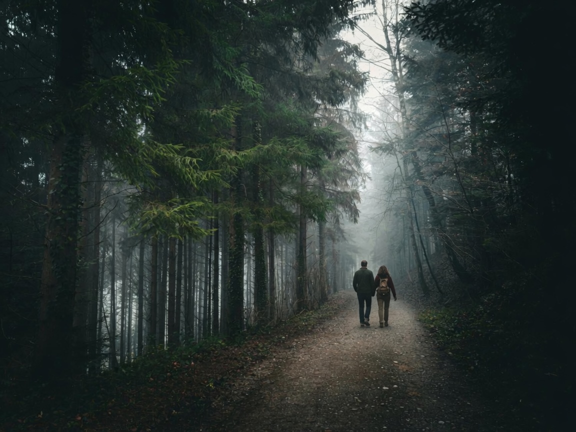 Twee personen wandelen samen op een mistig bospad